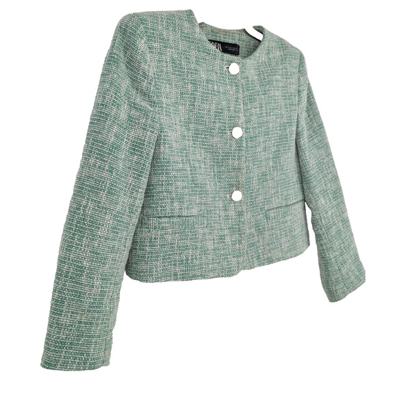 Zara Green Tweed Cropped Tailored Blazer Small Feminine Preppy Twee Classic - Picture 5 of 16